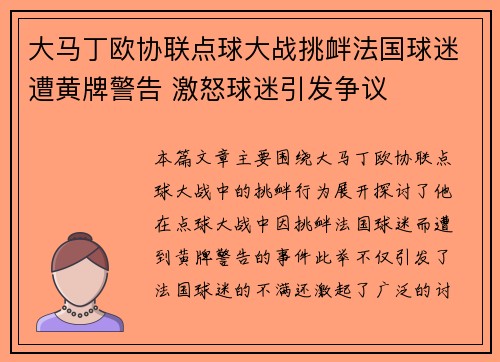 大马丁欧协联点球大战挑衅法国球迷遭黄牌警告 激怒球迷引发争议